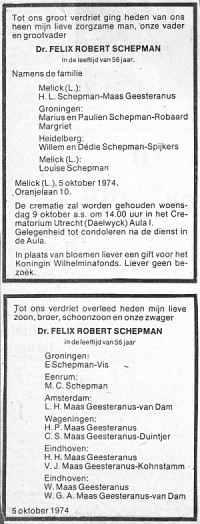 Overlijdensberichten F.R. (Felix) Schepman (1974)